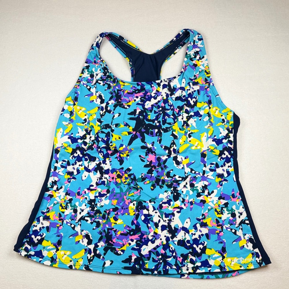Dolfin Aquashape Tankini Swim Top XL Blue Abstract Floral Racerback Shelf Bra